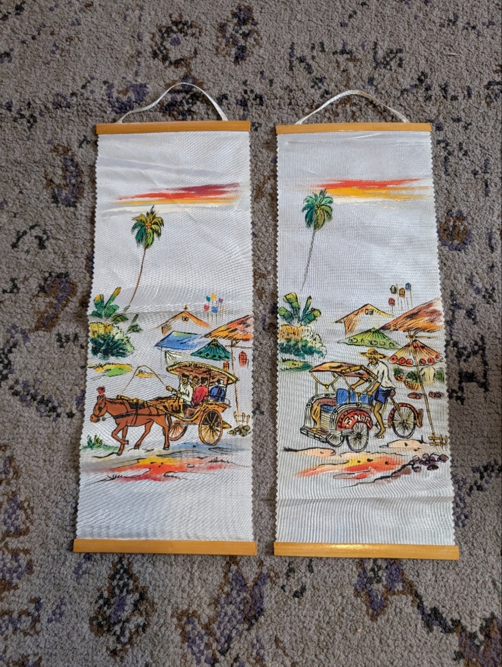 Pair of Vintage‎ Hand Painting Japanese Wall Hangings 16x6 Tropical Scene